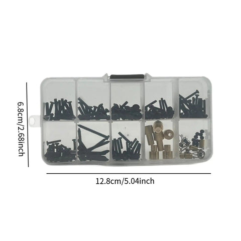 182 Pieces RC Car Screws Set With Metal And PP Fasteners for Model Enthusiasts in portable box, 1/12 scale display.