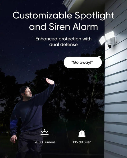 Outdoor Floodlight Security Camera With 360 Degree Pan And Tilt, 2K Video, AI Detection And Auto Tracking mounted on house corner