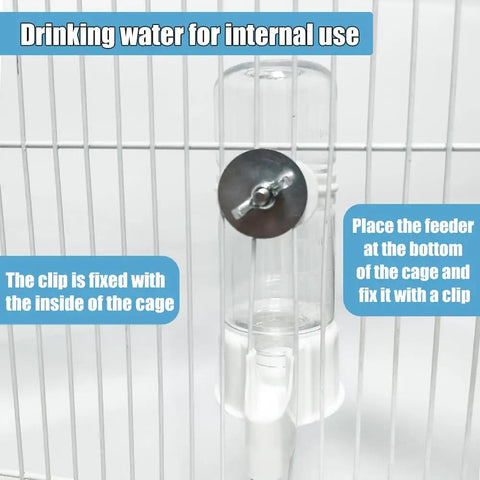 Automatic Bird Water Feeder With Secure Anti Tip Bowl For Small Cages mounted inside a cage with a supporting clip.