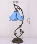 Blue Tiffany Style Stained Glass Table Lamp With Metal Leaf Base, Desk Reading Light For Small Spaces, 21 Inch Tall, Bronze Finish