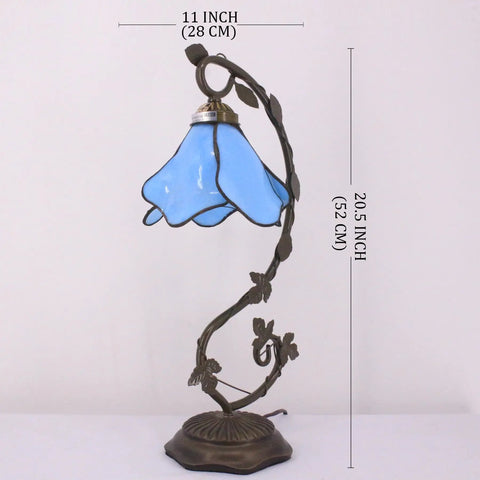 Blue Tiffany Style Stained Glass Table Lamp With Metal Leaf Base, Desk Reading Light For Small Spaces, 21 Inch Tall, Bronze Finish