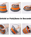 Demonstrating the folding process of Collapsible 2 Pack 2.6 Gallon Buckets Plastic Foldable Round Tubs BPA Free TPR Construction.