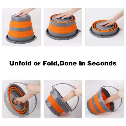 Demonstrating the folding process of Collapsible 2 Pack 2.6 Gallon Buckets Plastic Foldable Round Tubs BPA Free TPR Construction.