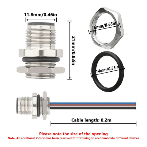 Dimensions and components of M12 12-Pin Panel Mount Connector 0.7ft Rugged IP67 Waterproof Industrial Circular Connector