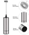 Handheld Battery Operated Milk Frother For Barista Quality Foam In Lattes And Cappuccinos, Stainless Steel Silver with double whisk