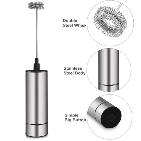 Handheld Battery Operated Milk Frother For Barista Quality Foam In Lattes And Cappuccinos, Stainless Steel Silver with double whisk