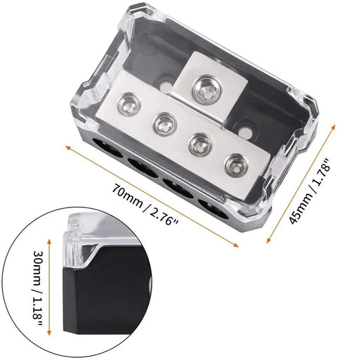 4 Way Car Amp Power Distribution Block 0 2 4 AWG In and 4 8 10 AWG Out Nickel Plated Internals Ground Distributor for Multi Amp Car Audio Wiring 2 Pack, 70x45mm