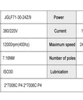 Specifications table for Professional Air Cooled Spindle Motor 9Kw 220V 380V With Automatic Tool Change Iso30 Collet.