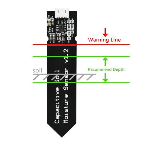 Capacitive Soil Moisture Sensor for Arduino with depth markings, corrosion-resistant, used for garden watering DIY projects.