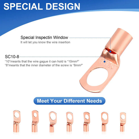 All-In-One Copper Wire Lugs and Ring Terminal Kit With Heat Shrink Tubing, showing SC10-8 design with inspect window
