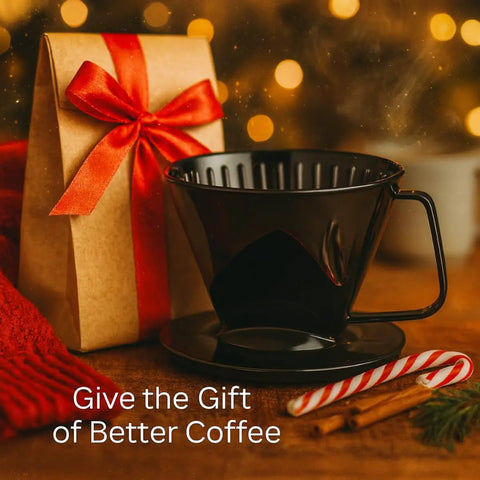 Pour Over Coffee Filter Cone, Number 1 Size, Black, BPA Free Polypropylene, Reusable Portable Brew Buddy For 1 To 2 Servings, Easy Instructions Included next to holiday gift box and candy cane on table