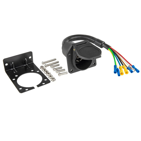 7 Way RV Trailer Light Connector Socket 7 Pin Wiring Harness with mounting bracket, screws, and wires for plug and play install.