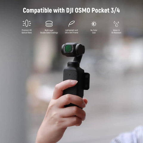Person holding gimbal camera with Pro Creator ND Filter Kit with CPL For Pocket 3, Pocket 4, and Osmo Pocket Xtra Muse
