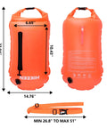 Bright Orange Swim Buoy With 20L Dry Bag Must-Have Fully Waterproof Floating Safety Float With Touchscreen Access For Open Water Swimmers, Triathletes, And Kayakers High Visibility And Large Capacity Built For Safety, showing dimensions and strap