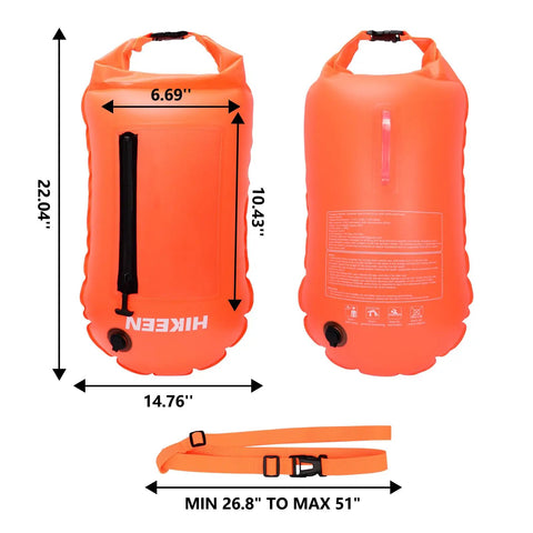 Bright Orange Swim Buoy With 20L Dry Bag Must-Have Fully Waterproof Floating Safety Float With Touchscreen Access For Open Water Swimmers, Triathletes, And Kayakers High Visibility And Large Capacity Built For Safety, showing dimensions and strap