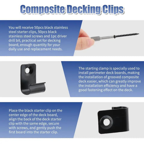 Hidden Deck Starter Clips For Grooved Composite Decking With Fifty Invisible Edge Fasteners For Slick Perimeter Install And Zero Exposed Screw Holes On Your Next Super Tight Deck Build, 50 black stainless steel clips and screws.