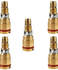 Snazzy 5-Pack Gas Diffuser Fit For Miller MDX Mig Welding Guns, 5 brass flow diffusers with red O-rings for secure fit.