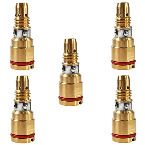 Snazzy 5-Pack Gas Diffuser Fit For Miller MDX Mig Welding Guns, 5 brass flow diffusers with red O-rings for secure fit.