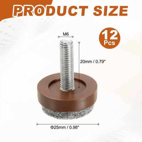 Hella Durable Adjustable Furniture Levelers With Felt Floor Protectors M6 Threaded Screw Feet For Wobbly Tables And Couches No Sweat Setup Brown Twelve Piece Set with dimensions.