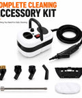 Pressurized Handheld Steam Cleaner Knocking Out Grease And Grime Like A Boss For Your Whole House Chemical Free Cleanup Stays Gentle On Pets And Toddlers Includes Ten Piece Accessory Kit for cleaning various surfaces.
