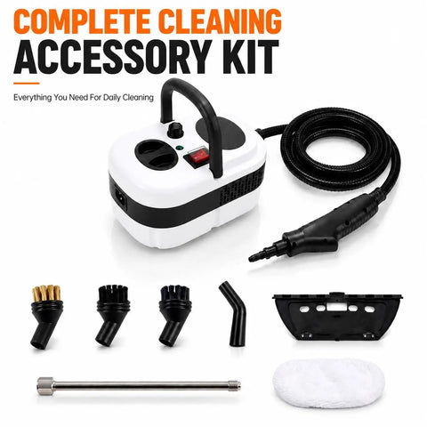 Pressurized Handheld Steam Cleaner Knocking Out Grease And Grime Like A Boss For Your Whole House Chemical Free Cleanup Stays Gentle On Pets And Toddlers Includes Ten Piece Accessory Kit for cleaning various surfaces.