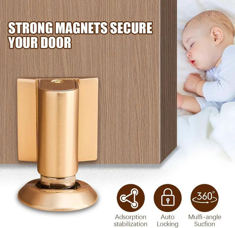 Magnetic Door Stop Heavy Duty Wedge With No Drill Install Kit Invisible Floor Mount in use near sleeping baby