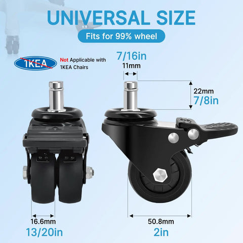 Brake Office Chair Caster Wheels Set Of 5 2 Inch Heavy Duty Rubber Replacement 11mm Stem Quiet Rollers measurement diagram