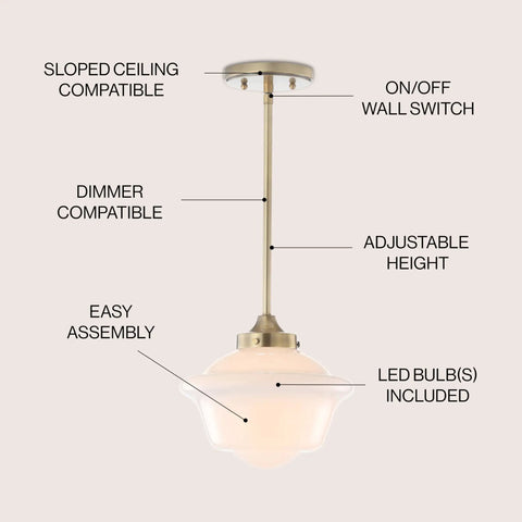Brass Gold White Modern Dope Schoolhouse LED Pendant Light Fixture with 9.5 Inch Drop Adjustable Hanging Lamp White Glass Shade