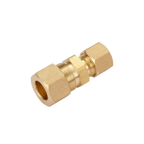 Brass compression union tube fitting with dual-end hex nuts, for 3/8 in x 1/4 in tube OD.