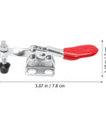 Four Piece Quick Toggle Clamps Set For Horizontal Push-Pull Fast Locking with red handle and steel construction, front view.