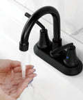 Hands under running water from Matte Black Bathroom Sink Faucet, 4 Inch Centers, Modern Single Hole Design, BF023-MB.