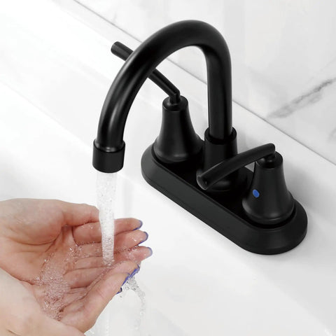 Hands under running water from Matte Black Bathroom Sink Faucet, 4 Inch Centers, Modern Single Hole Design, BF023-MB.