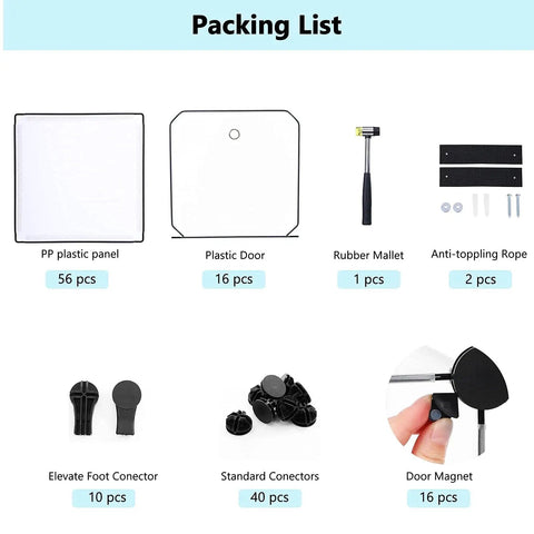 Packing list for Sixteen Cube Modular Storage Organizer With Doors showing panels, connectors, mallet, and anti-toppling rope.