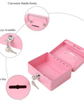 Open pink metal Kid Friendly Locking Cash Box with top slot, keys, and convenient handle for coins and cash, size 5.9x4.7x2.9 inches.