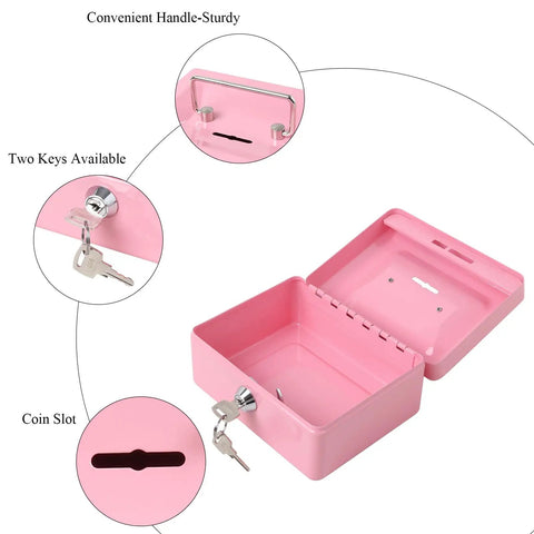 Open pink metal Kid Friendly Locking Cash Box with top slot, keys, and convenient handle for coins and cash, size 5.9x4.7x2.9 inches.