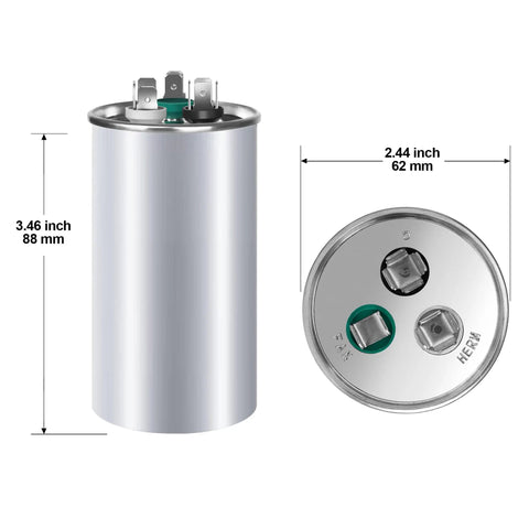35/5 UF Dual Run AC Capacitor Drop-In Replacement For HVAC Units 370V 440V CBB65 Round Start Capacitor For Fans, Heat Pumps, Condensers 35/5 MFD ±6% Easy Install Durable, silver metal 62 mm x 88 mm