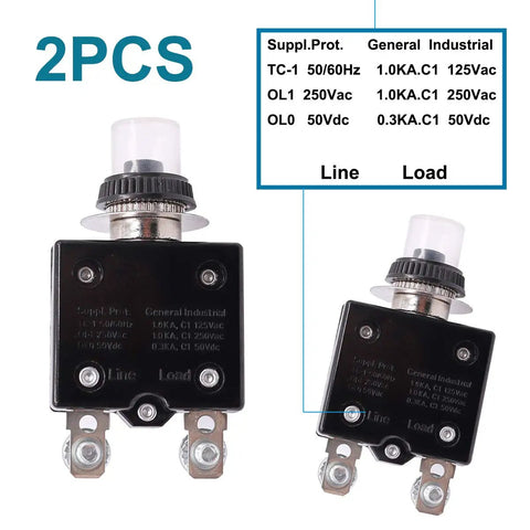 Two Pack 20A Push Button Resettable Circuit Breakers For 125 To 250V AC And 50V DC L1 Series with waterproof button caps