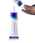 Waterproof Quick Dry Super Strong Shoe Glue For Sneakers Boots Sandals And Hiking Shoes Multi Purpose Adhesive For Fast Repairs Clear Formula With Precision Needle Tip Easy Application One Pack Sticks Like Crazy applied to a brown shoe.