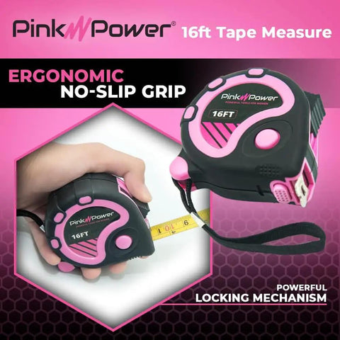 Pink Tape Measure 16 Ft For Womens DIY Tool Kit with retractable blade, lock button, and ergonomic grip