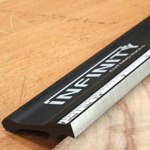 Close-up of 46 Inch Aluminum Precision Straight Edge for CNC and Shop Use, showing machined flat edge with adhesive rule recess.