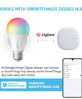 Zigbee Smart Light Bulbs With Hub Required That Work With SmartThings And Echo Voice Control With Alexa And Google Home Color Changing 60W Equivalent A19 LED Bulbs 6 Pack, shown with Samsung SmartThings hub and smartphone app interface