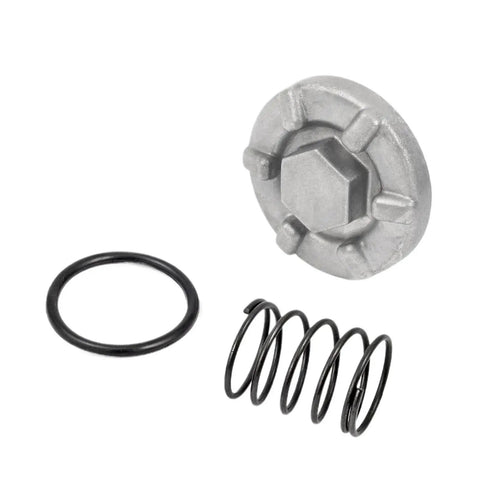 Heavy Duty Oil Drain Plug And Spring Kit For Yamaha Raptor Warrior 350 400 450 600 All Terrain Vehicles Ensures Long Lasting Performance With Perfect Fit And Superior Heat Dissipation To Keep Your Ride Running Smooth. Silver metal drain plug, black spring and O-ring