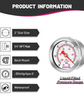 GOATACURA glycerin-filled vacuum pressure gauge, 2-inch dial, stainless steel case, back-mount 1/4in NPT