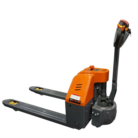 Heavy Duty Electric Walkie Pallet Truck With 3300 Lb Capacity showing built-in battery, easy controls, and 45 inch forks.