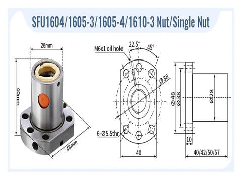 Premium SFU1610 Ballscrew Kit With Machined Ends For High Speed CNC Builds, Includes detailed technical drawing of single nut.