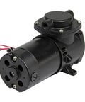 Side view of black 12V DC oil-free diaphragm vacuum pump with mounting feet and red/black power wires