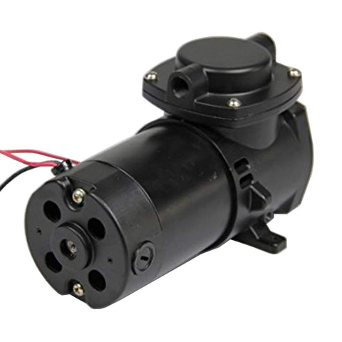 Side view of black 12V DC oil-free diaphragm vacuum pump with mounting feet and red/black power wires