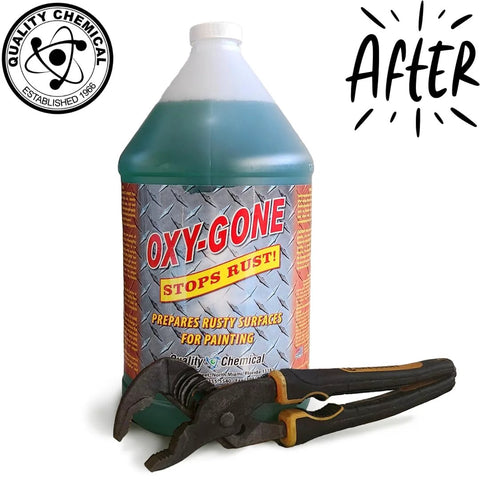 Quality Chemical OXY-GONE Rust Remover bottle, 128 oz, green liquid, rust reformer for metal with pliers