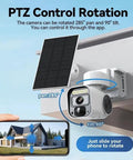 4G LTE Solar Security Camera Wireless Outdoor With Built In SIM Card IP65 Rated showing PTZ control rotation and solar panel.