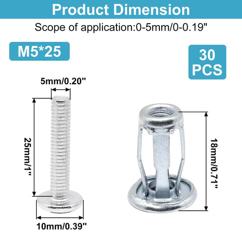 Product dimensions of Hollow Wall Anchors M5 X 25mm Metal Carbon Steel With Galvanized Finish, 30 pieces, showing application scope